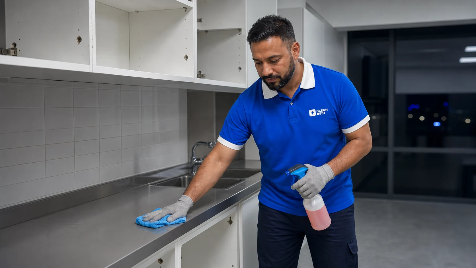 Clean Best cleaner detailing an empty kitchen for an end of lease clean in Sydney NSW