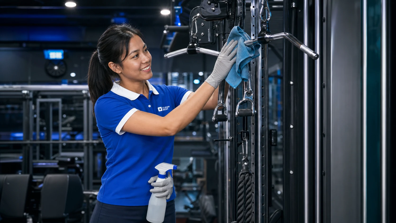 Clean Best cleaner sanitising gym equipment before opening at a Sydney fitness studio NSW