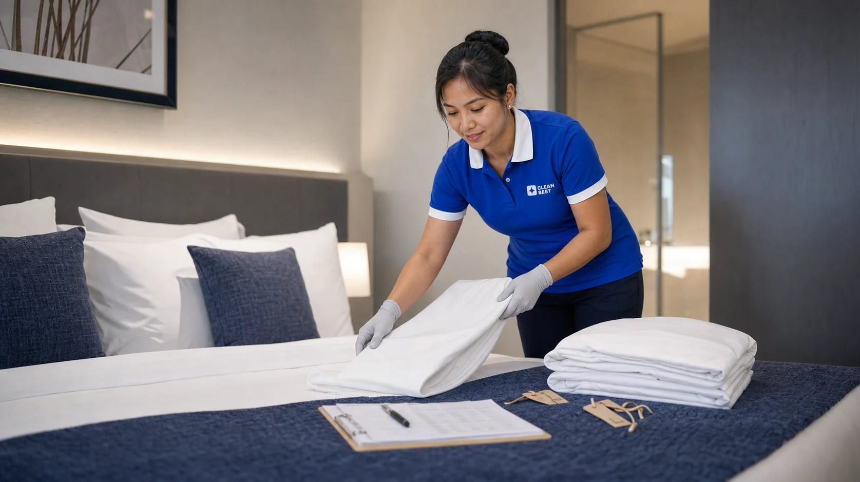 Clean Best cleaner wiping down a kitchen bench during a regular home clean in a Sydney house NSW