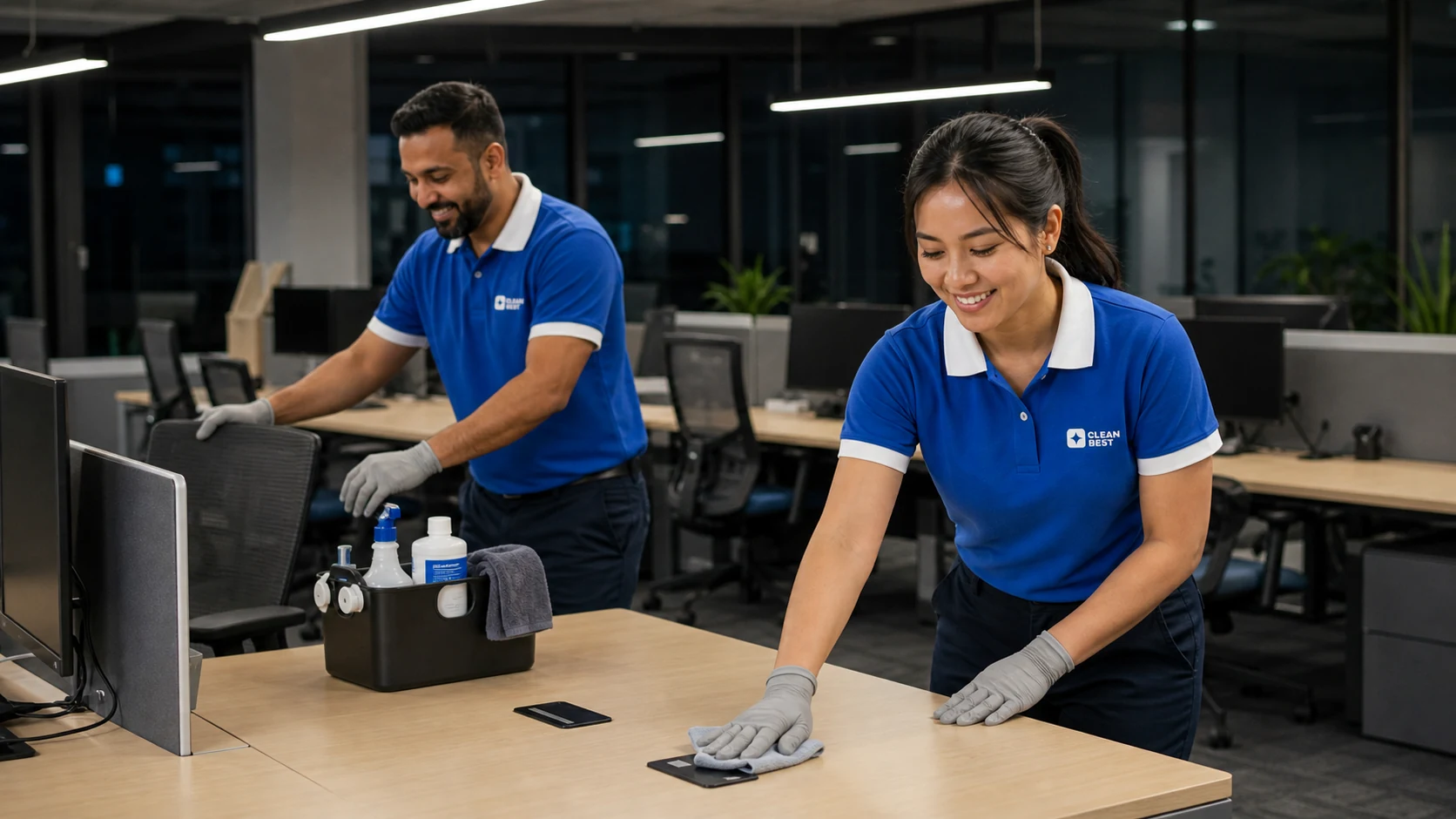Clean Best cleaner detailing workstations during an evening office clean in a Sydney workplace NSW